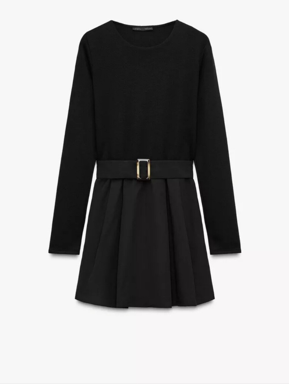 Mini Black Long-Sleeve Belted Skater Dress